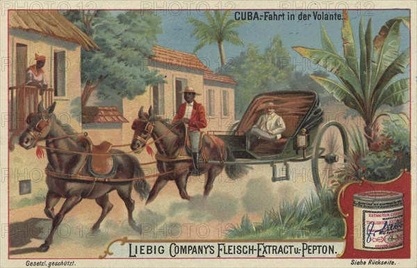 Picture series Scenes from Cuba, landowner in his carriage, Volante, Liebig picture, digitally restored reproduction of a collector's picture from around 1900, public domain, exact date unknown, carriage ride through a tropical village in Cuba, accompanied by lush vegetation and horses