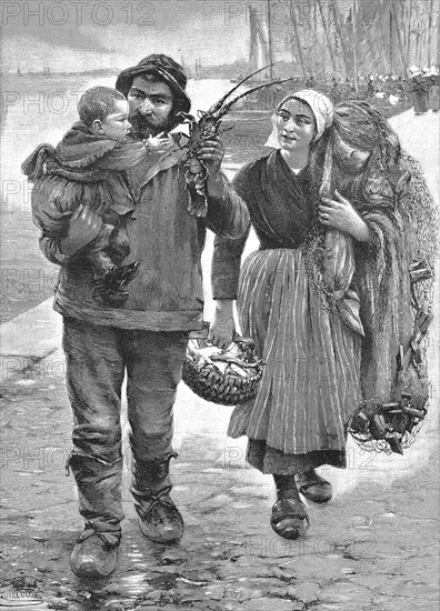 The return of the father, the fisherman is back from his tour and shows his child a crayfish, the fisherman's woman carries a basket with fish and the fishing net, Holland, Historical, digitally restored reproduction from a 19th century original, c. 1890, Record date not stated