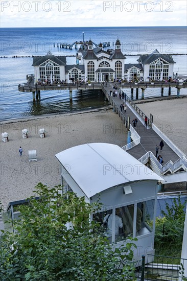 The Sellin pier, 394 metres long, with restaurant, jetty, lift Rügen Island, Mecklenburg-Western Pomerania, Germany, Europe