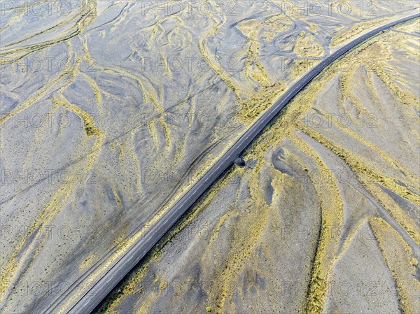 Top down view of the ringroad no. 1, crossing the Skeidararsandur, a flood plain created by glacial rivers in the Skaftafell area, Iceland, Europe