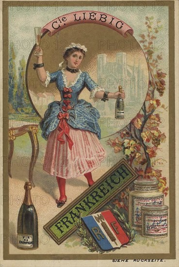 Picture series Drinks of the countries, France, Champagne, Liebig picture, digitally restored reproduction of a collector's picture from ca 1900, public domain, exact date unknown, A French woman with champagne bottle and sweeping dress in vineyard, Europe