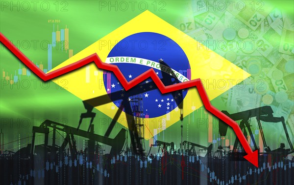 Petrol crisis with Brazil flag on financial graph. Fall oil price with flag of Brazil on economic chart