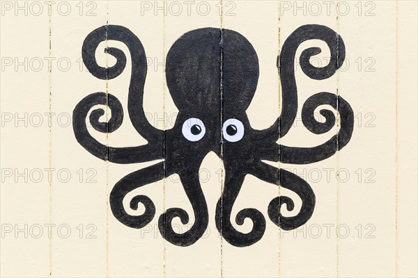 Octopus picture painted on side of wooden seaside beach hut, Felixstowe, Suffolk, England, UK