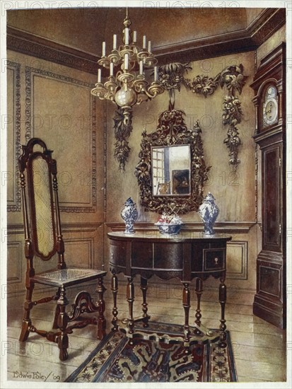 Furniture around the turn of the century 1900, Panelling, from an old house, Mirror frame, Walnut table, Walnut chair, Walnut high-case clock (1910, 1911) .jpg