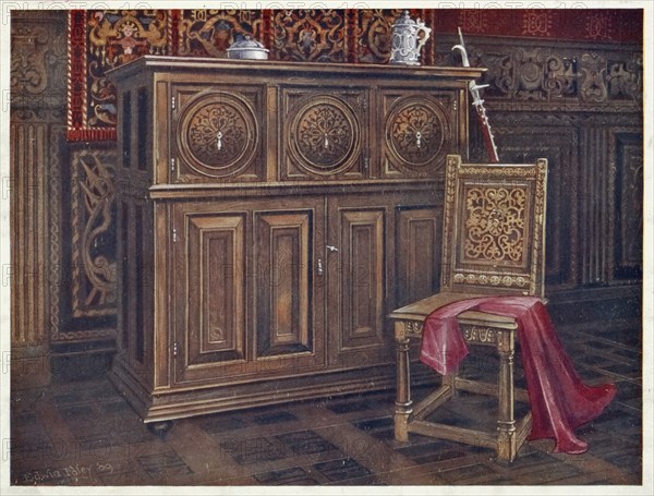 Furniture around the turn of the century 1900, Oak cabinet, with circular convex panels, Walnut chair (chaise sans bras), with interlaced floral ornament on the back (1910, 1911) .jpg