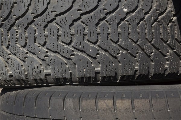 Close-up of threads on black rubber truck tires, Quebec, Canada, North America