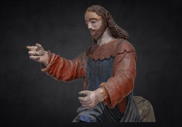 Christ on the palm donkey, on a dark background, detail, wooden figure from around 1400, Museum Bezau, Vorarlberg, Austria, Europe