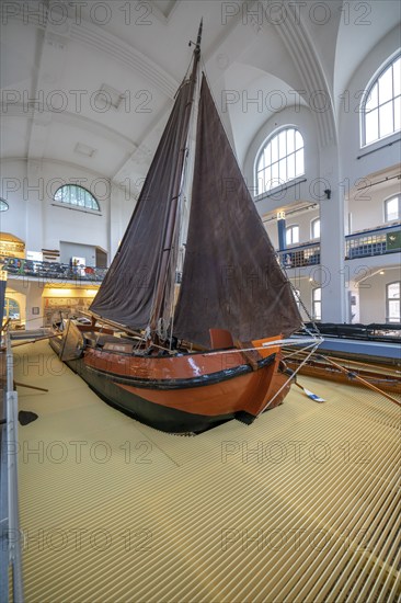 Museum of German Inland Navigation, in the former Ruhrort indoor swimming pool, in Duisburg, cargo sailing vessel Tjalk Göde Verwachting, North Rhine-Westphalia, Germany, Europe