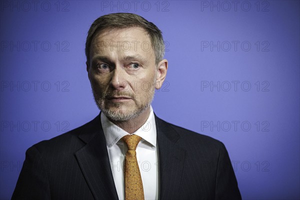 Christian Lindner, Federal Minister of Finance, photographed during a press statement after a citizens' dialogue of the Federal Ministry of Finance NOW In Dialogue in Lübeck, 06.02.2024. Photographed on behalf of the Federal Ministry of Finance