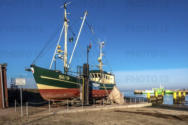 Harbour of Neuharlingersiel, East Frisia, Lower Saxony, Fishing boats, Fishing cutter, Monument, Neuharlingersiel, Lower Saxony, Federal Republic of Germany