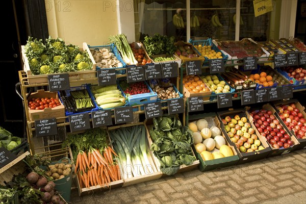 Display of fresh vegetables outside greengrocers shop, Halesworth, Suffolk, England, United Kingdom, Europe