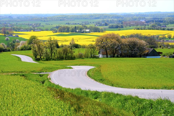 View from Romele ridge over the landscape in springtime in Skurup municipality, Scania, Sweden, Scandinavia, Europe