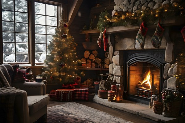 Traditional stone fireplace decorated for Christmas, with garlands, stockings, and candles, set in a cozy, snow-draped winter cabin, AI generated