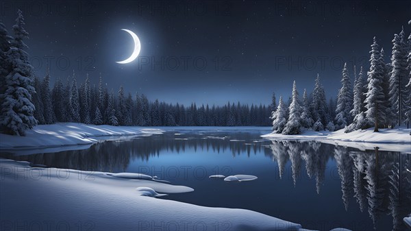 Tranquil winter night scene with a crescent moon and stars shining brightly over a frozen lake, with a line of snow-covered pine trees reflected in the lake, AI generated