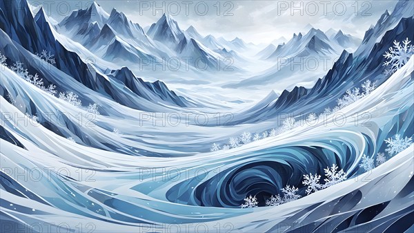 Abstract illustration of dreamy, icy landscape with swirling blues, whites, and silvers, evoking the feeling of a cold winter's breeze, AI generated