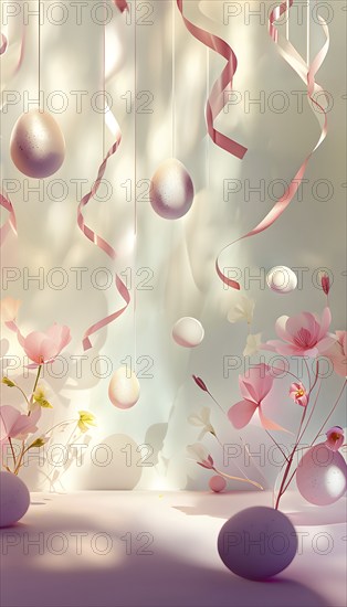 Surreal Easter scene with floating eggs, ribbons, and flowers in a dreamlike, whimsical composition of light and shadow, AI generated