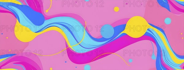 Abstract image with colorful yellow and turquoise blobs and liquid shapes on a pink background, AI generated