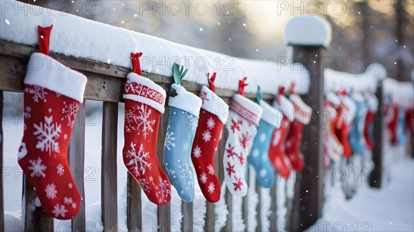 Row of Christmas stockings hanging from a snow-covered wooden fence, with delicate frost patterns forming on the colorful fabric, AI generated