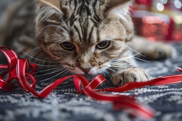 Cat playing with red Christmas gift wrapping ribbon. Generative Ai, AI generated