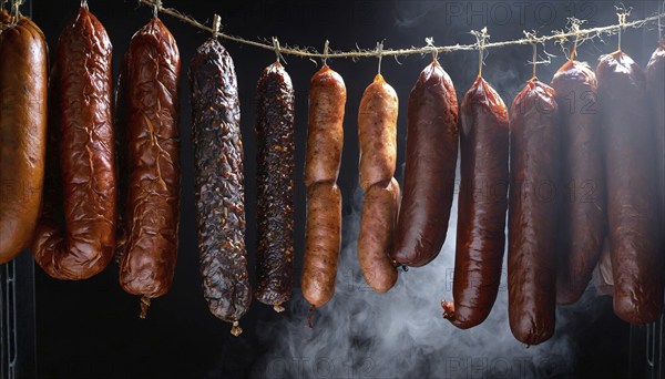 Food, various smoked sausages hanging on a string next to each other in the smoker, AI generated, AI generated