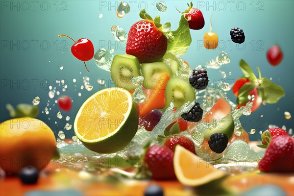 AI generated surreal food art blending vibrant fruit salad sprouting whimsical machinery