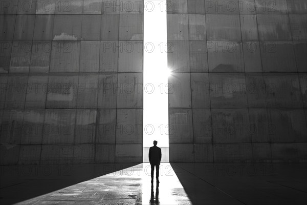 Silhouette of a man standing in front of a gigantic wall, sunlight shining through a gap, symbolic image for near-death experience, hope, depression, life crisis, grief, redemption, psychology, AI generated, AI generated, AI generated