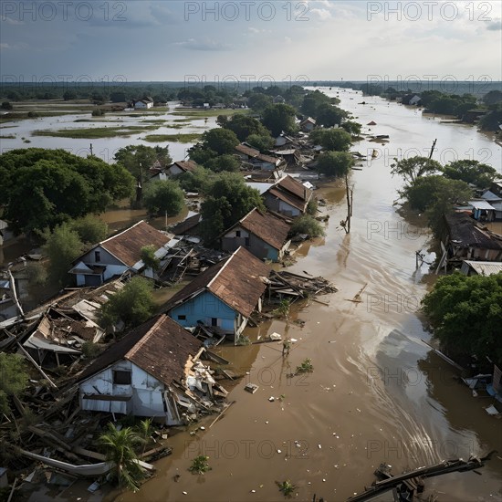 Aerial view showcases the extensive demolition within a village in massive water flood, AI generated