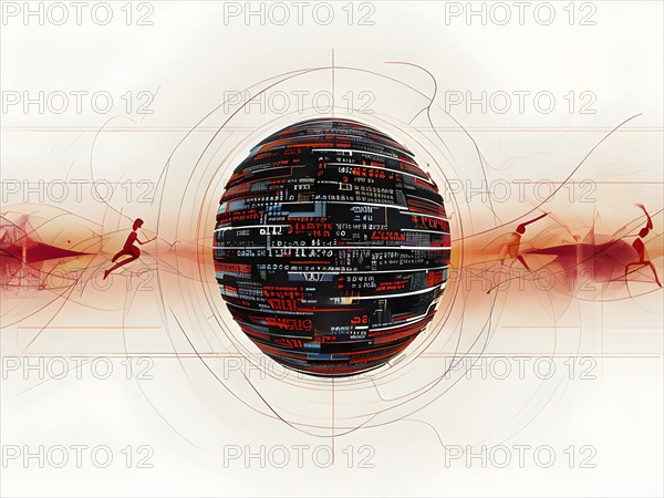 Illustration of an abstract, vibrant orange colored rotating digital sphere with patterns resembling AI algorithms, surrounded by faint lines tracing athletic motions, AI generated