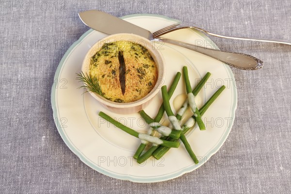 Swabian cuisine, oven-baked pike-perch with princess beans and lemon sauce, fish dish, pike-perch fillet, green beans, dill, starter, from the oven, ramekins, soufflé moulds, served on a plate, traditional cuisine reinterpreted, fish cutlery, food photography, studio, Germany, Europe