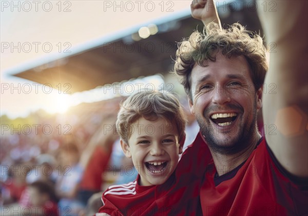 Father and son at sport game match, smiling and rooting for their favorite soccer or baseball team, AI generated