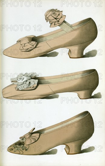 Shoe fashion in 1900, women's shoes, heliotrope satin shoe with bow of the same material covering elastic strap, heliotrope silk shoe, decorated with real lace (1900)