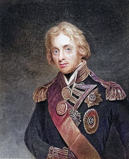 Horatio Nelson, Viscount Nelson, Lord Nelson, 1758-1805. British naval commander. 19th century print engraved by T. Woolnoth from an original picture by Hoppner in her majesty's collection at St. James's Palace, Historic, digitally restored reproduction from a 19th century original, Record date not stated