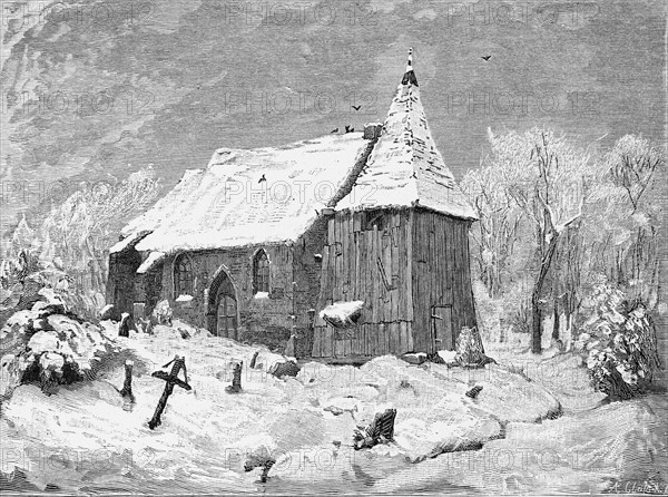 Church in the marshes on the Stedingen battlefield, Lower Saxony, winter, snow cover, frost, graves, death, trees, wooden tower, Germany, historical illustration 1880, Europe