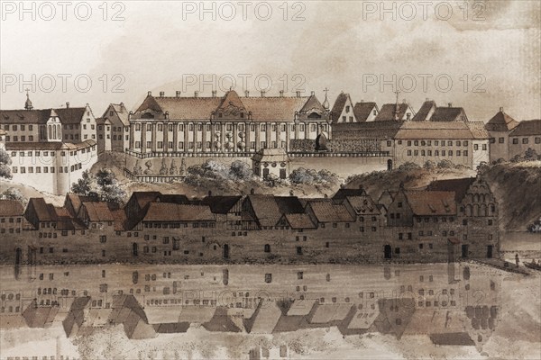 View of the town of Meersburg around 1790, New Castle, copperplate engraving by Johann Heinrich Bleuer, Baden-Württemberg, Germany, Europe