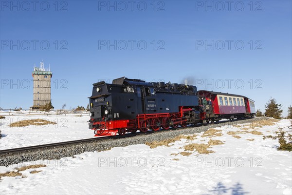 Steam train of the Brockenbahn railway Steam railway on the Brocken, Germany, Europe