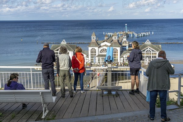 The pier of Sellin, 394 metres long, with restaurant, jetty, tourists, island of Rügen, Mecklenburg-Western Pomerania, Germany, Europe