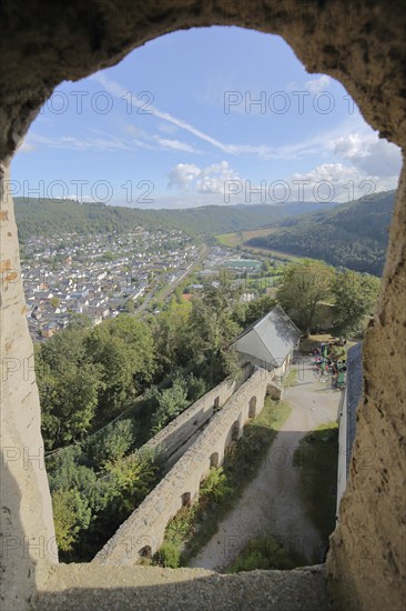 View from the keep of Nassau Castle built in 1093, view down, view, Lahntal, landscape, cityscape, Westerwald, Nassau, Rhineland-Palatinate, Germany, Europe