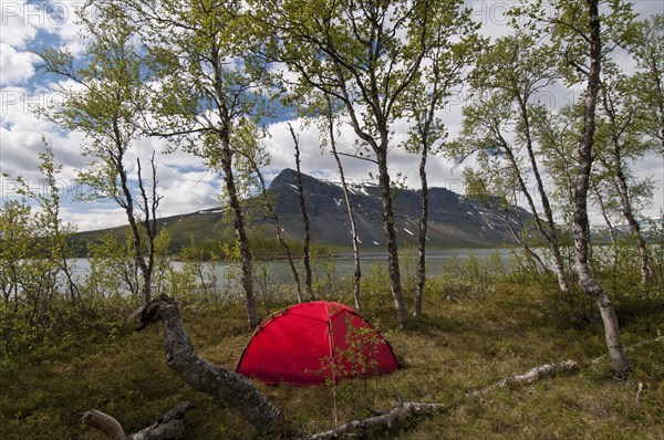 Tent on an island in Lake Laitaure, Mount Tjahkkelij in the background, Sarek National Park, Laponia World Heritage Site, Lapland, Sweden Bivouac, Lapland, Sweden, Europe