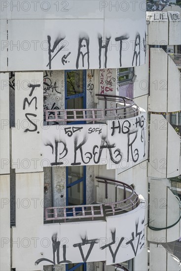 Graffiti, graffitied balconies, social housing, Kreuzberg centre, Kottbusser Tor, Kreuzberg, Berlin, Germany, Europe