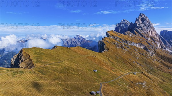 The Sas Rigais and Furchetta peaks of the Odle Group, drone shot, Val Gardena, Dolomites, Autonomous Province of Bolzano, South Tyrol, Italy, Europe