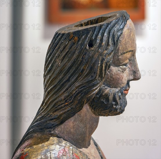 Detail of the Palmesel, wooden figure from around 1380, head of Christ, Hohenzollerisches Landesmuseum, Hechingen, Baden-Württemberg, Germany, Europe