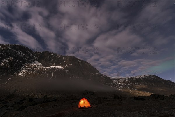 Tent in mountain landscape, Sarek National Park, World Heritage Laponia, Norrbotten, Lapland, Sweden, night shot, lighting, Scandinavia, Europe