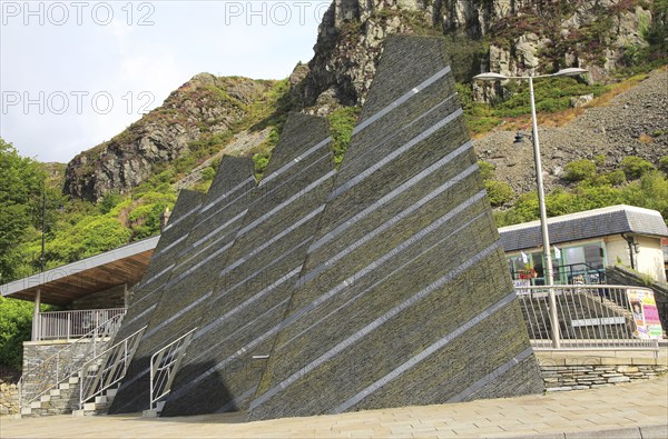 Artwork monument to slate industry heritage in Blaenau Ffestiniog, Gwynedd, north Wales, UK