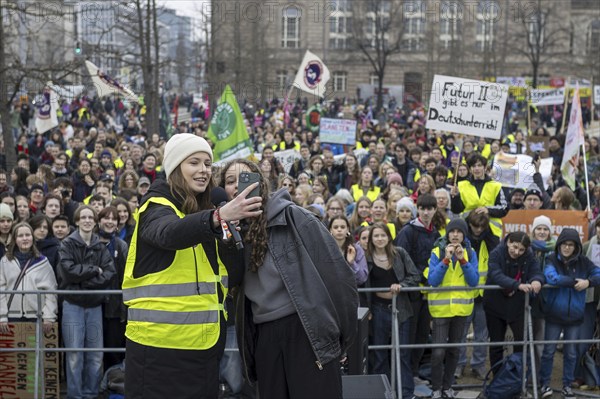 Luisa Neubauer, climate activist at Fridays for Future, together with Samira Ghandour, recorded during a joint strike by Fridays for Future and local transport workers from the trade union ver.di, in Berlin, 1 March 2024