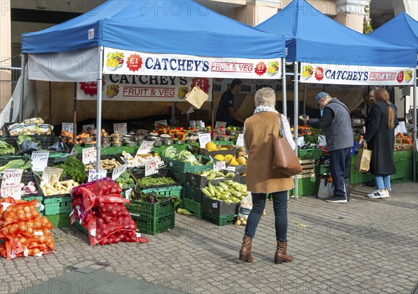 Catchey's fruit and vegetables market stall Ipswich, Suffolk, England, UK