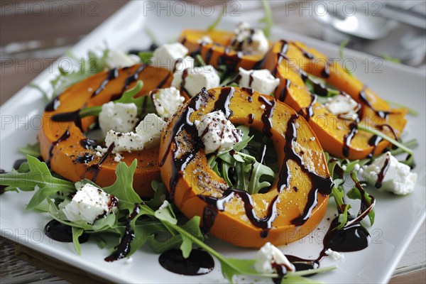 Baked pumpkin with eruca lettuce and feta cheese. Generative ai, AI generated