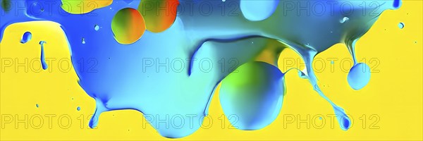 Abstract image with vibrant blue and red blobs and liquid shapes on a yellow background, AI generated