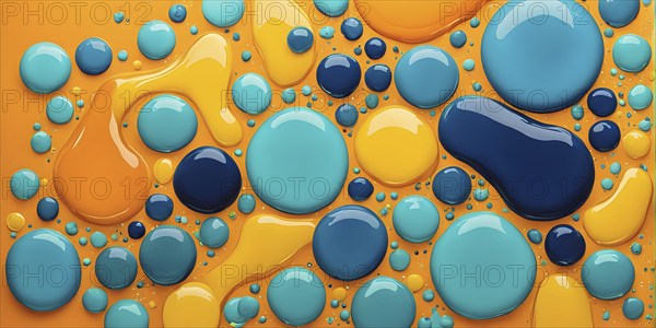 Abstract wallpaper with colorful turquoise and yellow blobs and liquid shapes on a orange background, AI generated