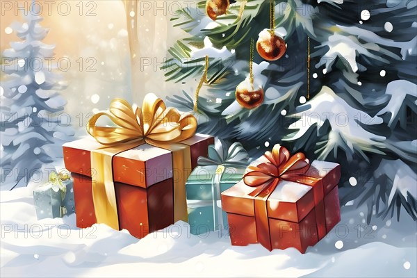 Abstract illustration of wrapped Christmas gifts, shiny ribbons and bows, stacked under a snow-dusted evergreen tree in a snowy outdoor setting, AI generated