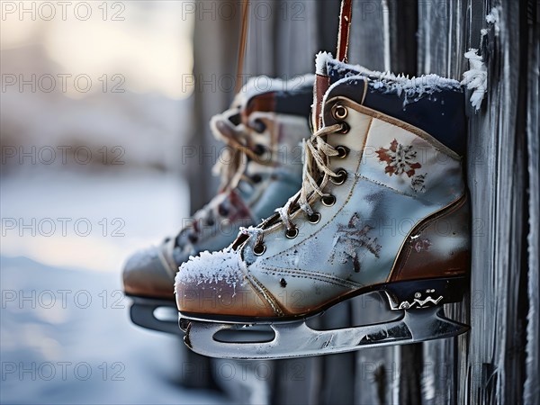 Pair of vintage ice skates hanging by their laces on an old wooden fence with frost and snow gently settled on the blades, AI generated